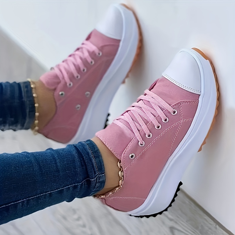 platform canvas sneakers, womens platform canvas sneakers casual solid color lace up trainers all match walking sports shoes details 2