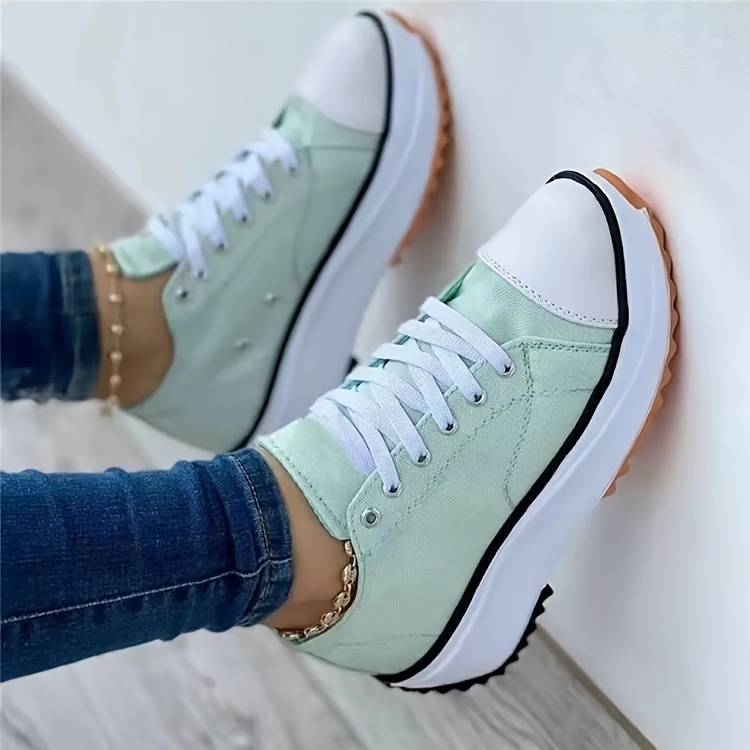 platform canvas sneakers, womens platform canvas sneakers casual solid color lace up trainers all match walking sports shoes details 4