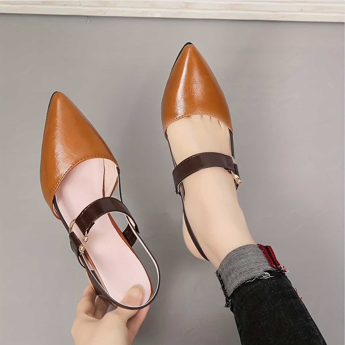 womens chunky heeled sandals two tone pointed toe slip on mid heels all match slingback sandals details 4