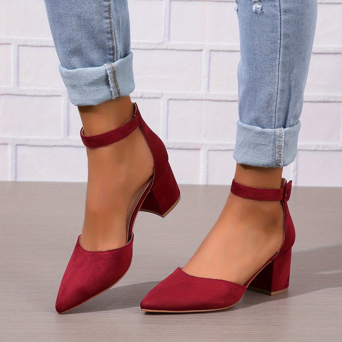 womens dorsay chunky mid heels solid color pointed toe ankle strap sandals versatile fashion sandals details 1