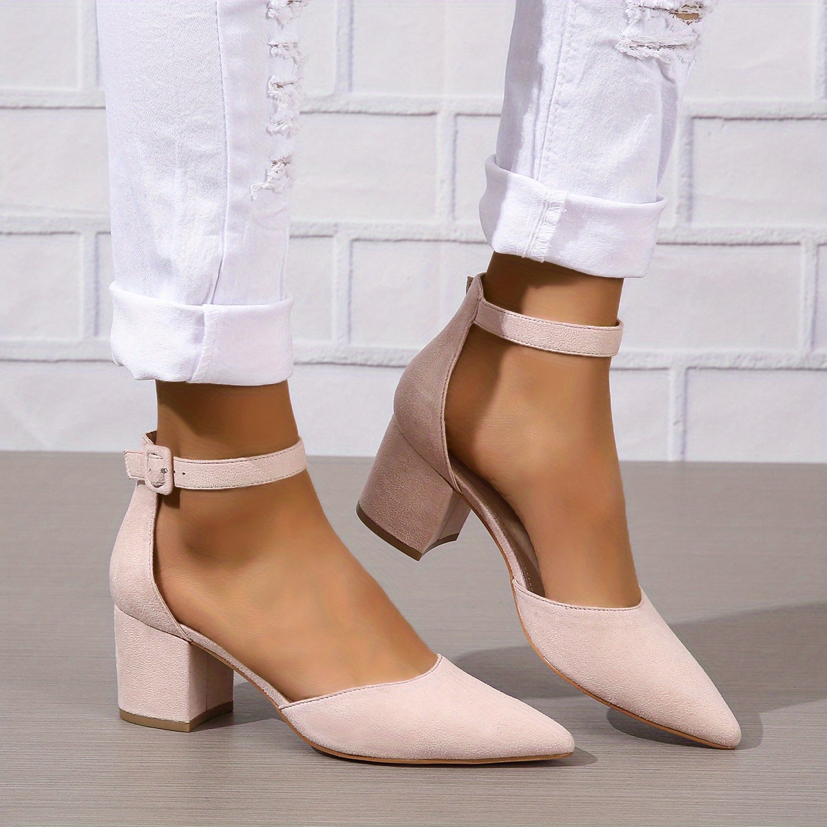 womens dorsay chunky mid heels solid color pointed toe ankle strap sandals versatile fashion sandals details 5