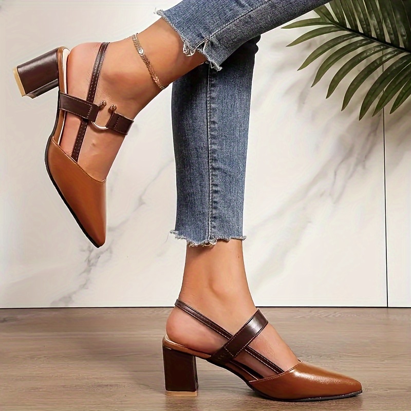 womens trendy chunky heel sandals elegant point toe dress pumps fashion slingback heels details 4