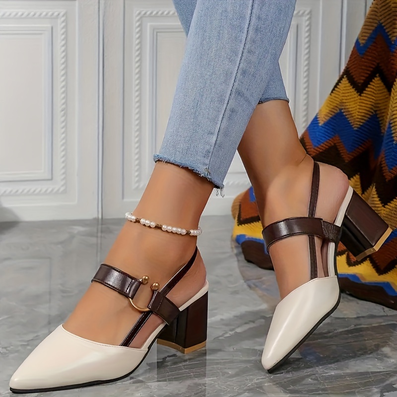 womens trendy chunky heel sandals elegant point toe dress pumps fashion slingback heels details 6
