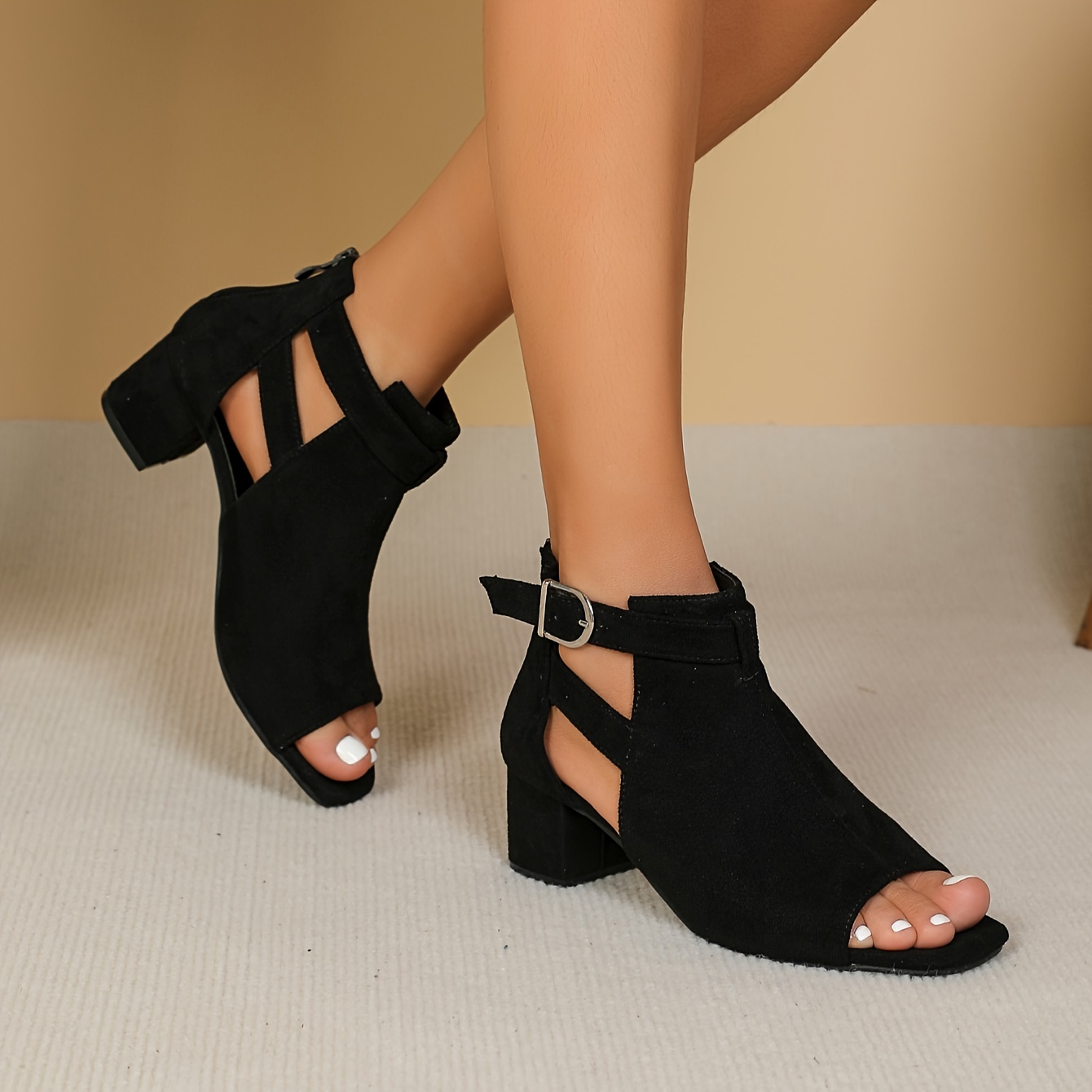 womens solid color chunky heel sandals fashion square toe back zipper sandals comfortable buckle strap summer shoes details 1