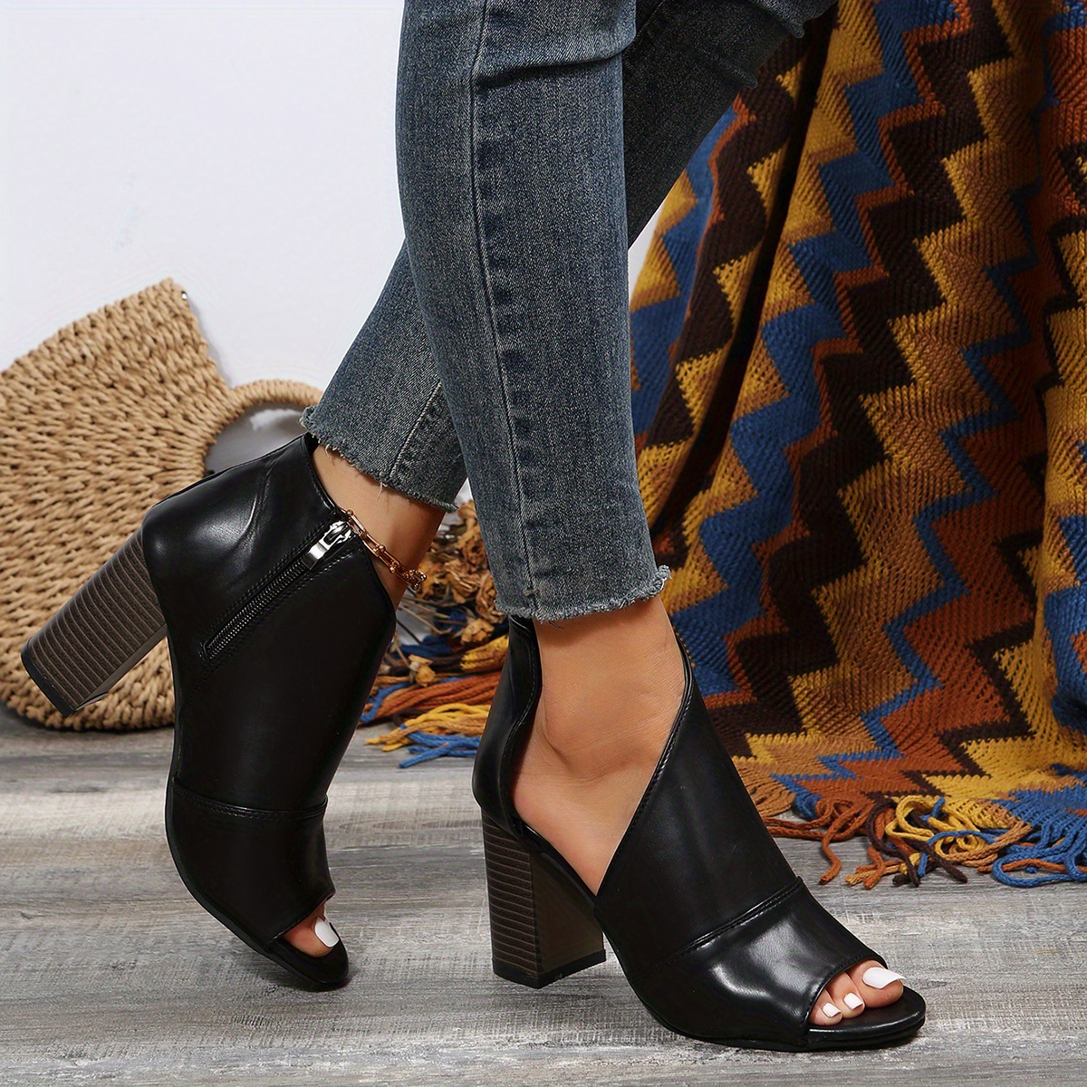 womens block heeled sandals fashion peep toe side zipper pumps comfortable summer sandals details 4