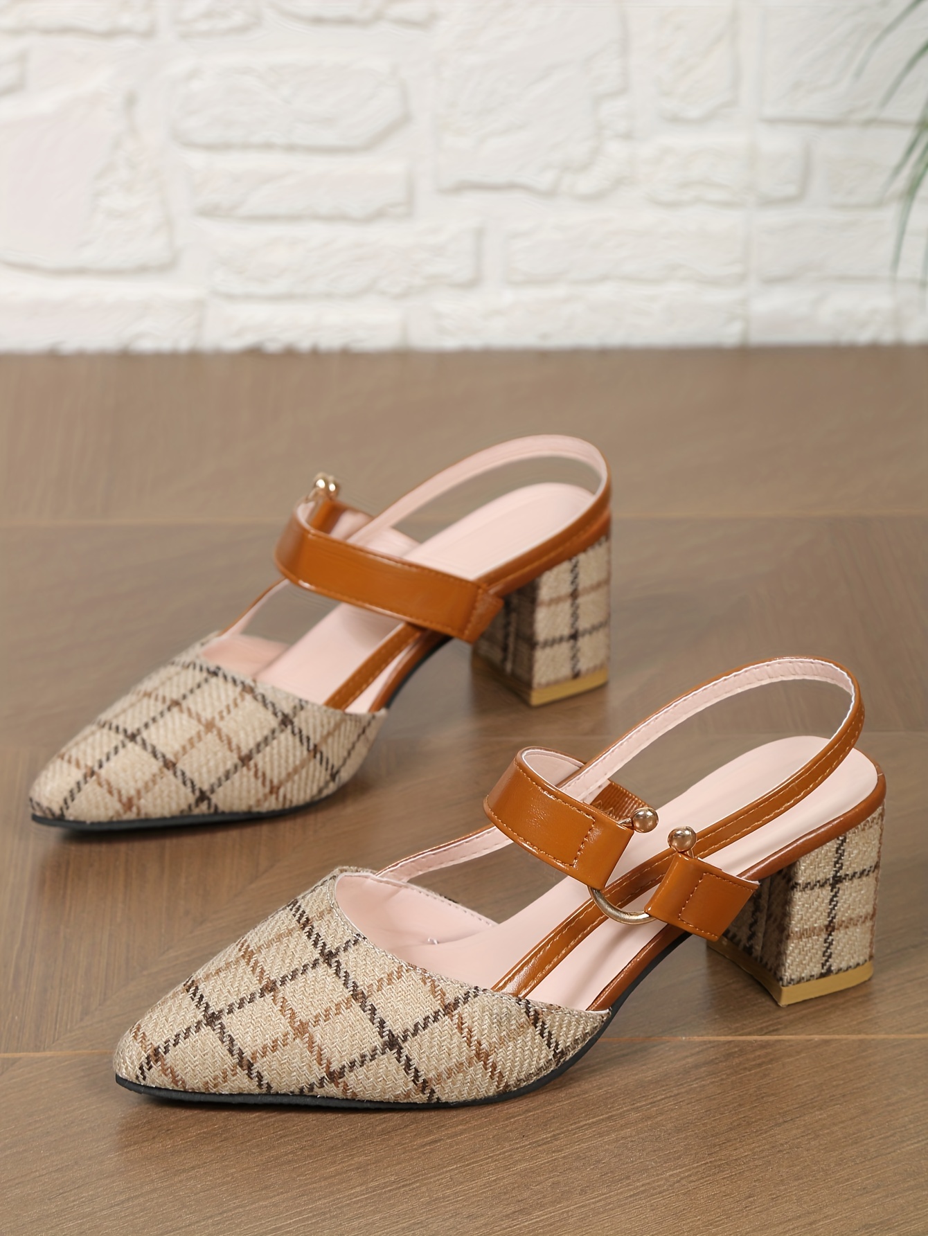 womens chunky heeled sandals plaid pointed toe slingback mid heels versatile sandals details 0