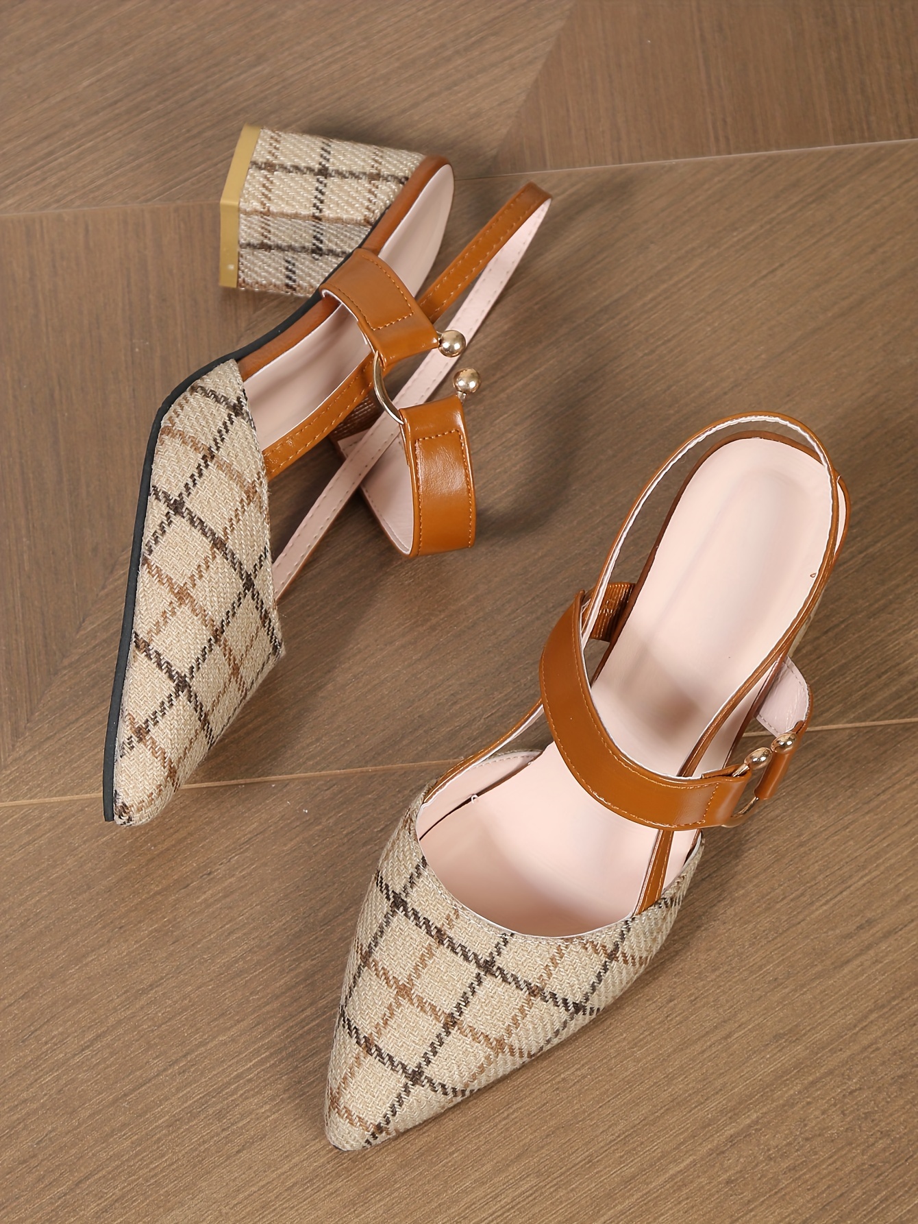 womens chunky heeled sandals plaid pointed toe slingback mid heels versatile sandals details 1