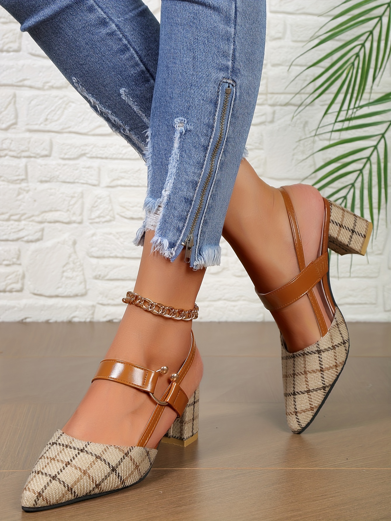 womens chunky heeled sandals plaid pointed toe slingback mid heels versatile sandals details 5