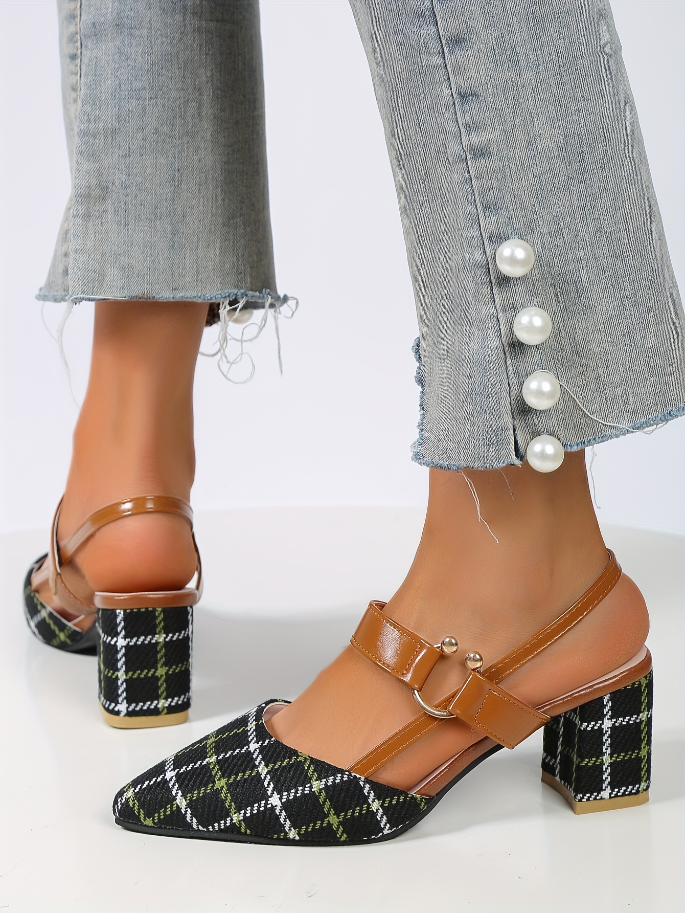 womens chunky heeled sandals plaid pointed toe slingback mid heels versatile sandals details 12