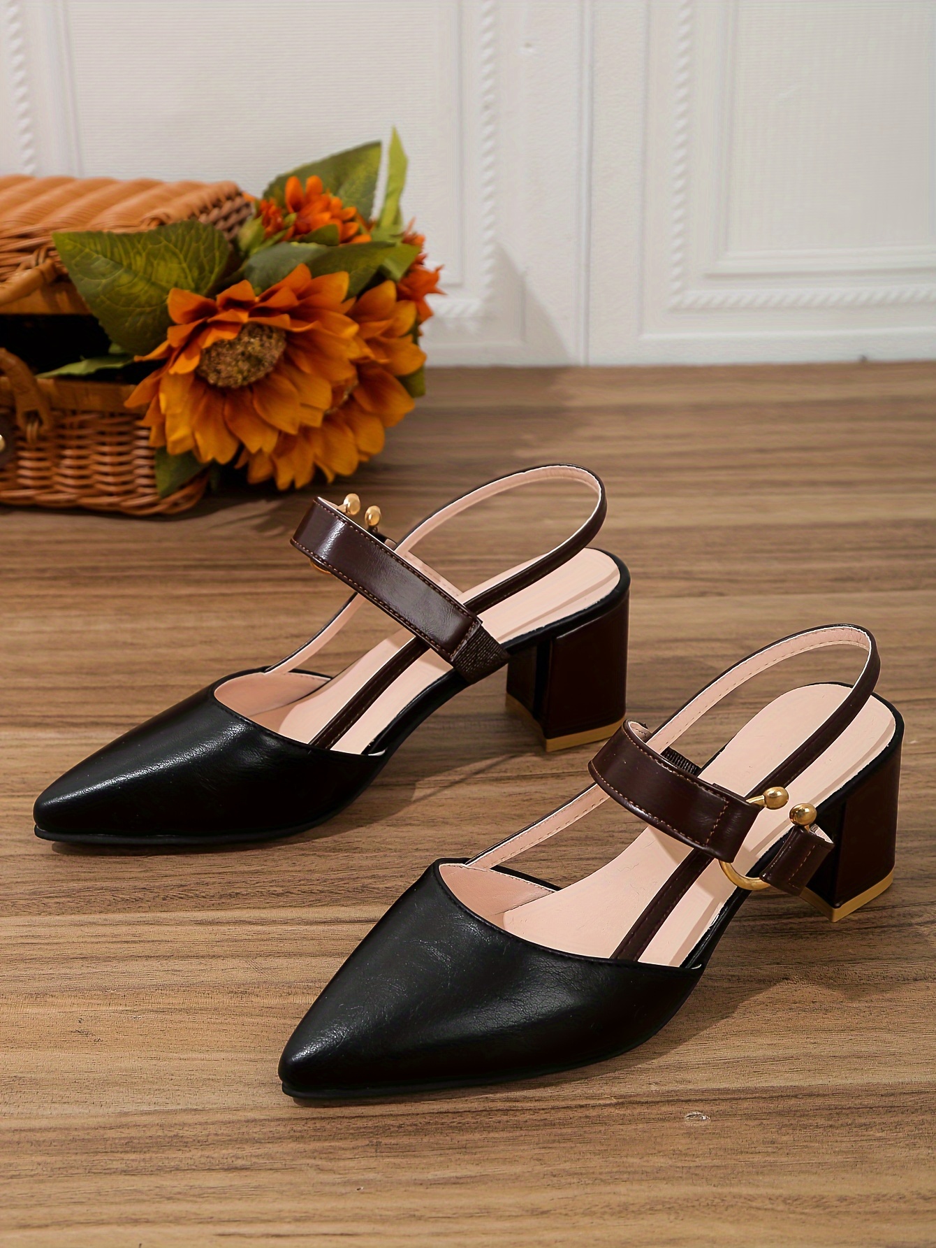 womens pointed toe block high heel sandals fashion solid color slingback shoes versatile mid heels details 9