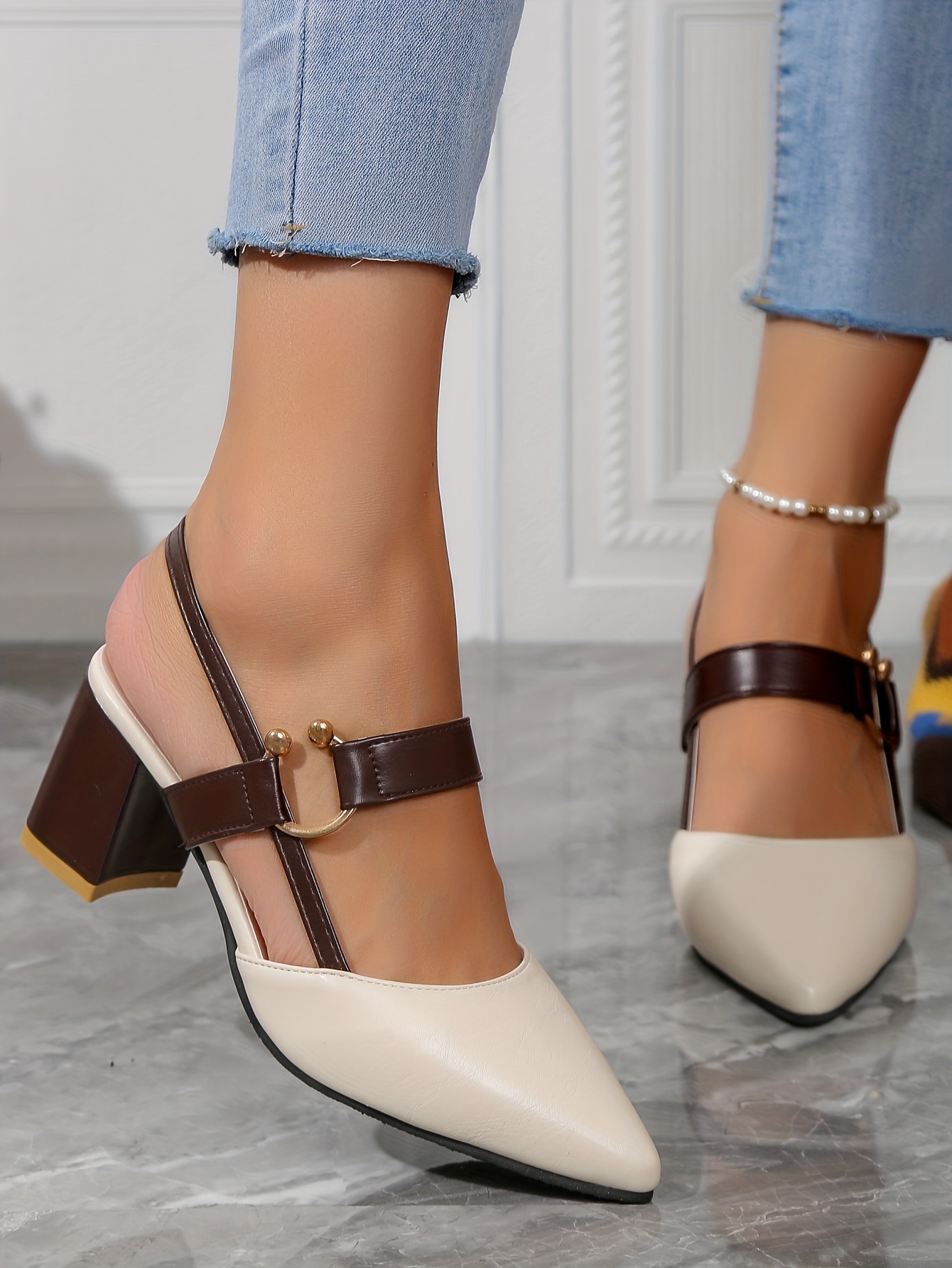 womens pointed toe block high heel sandals fashion solid color slingback shoes versatile mid heels details 39