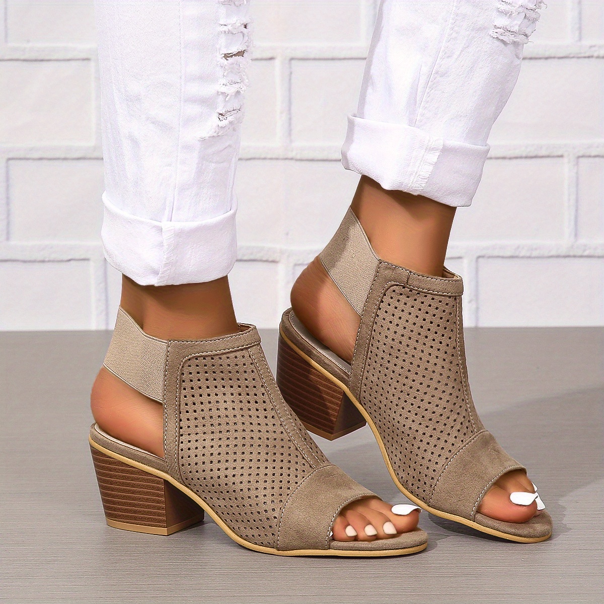 womens chunky heeled sandals retro perforated peep toe elastic strap slingback shoes solid color slip on sandals details 4