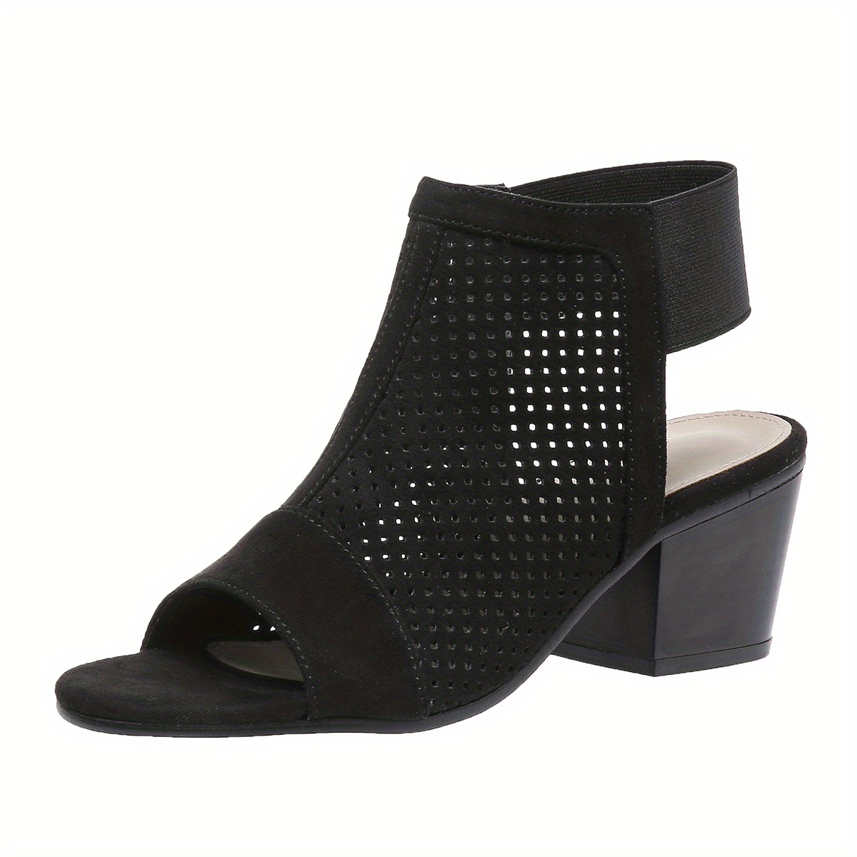 womens chunky heeled sandals retro perforated peep toe elastic strap slingback shoes solid color slip on sandals details 8