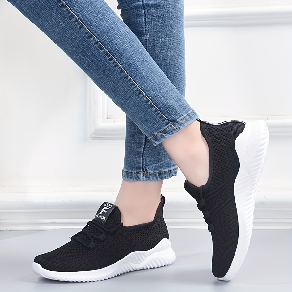 womens solid color knitted sneakers lace up breathable platform comfy sporty trainers versatile low top running shoes details 2
