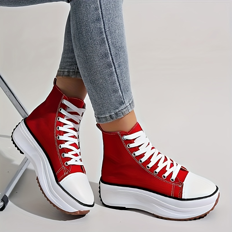 womens solid color casual sneakers lace up soft sole platform skate shoes versatile high top canvas shoes details 1