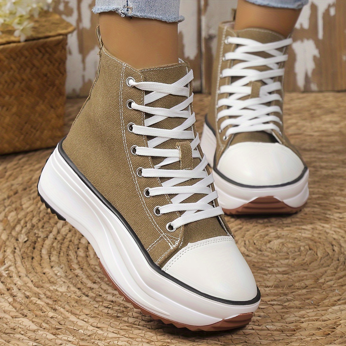 womens solid color casual sneakers lace up soft sole platform skate shoes versatile high top canvas shoes details 7