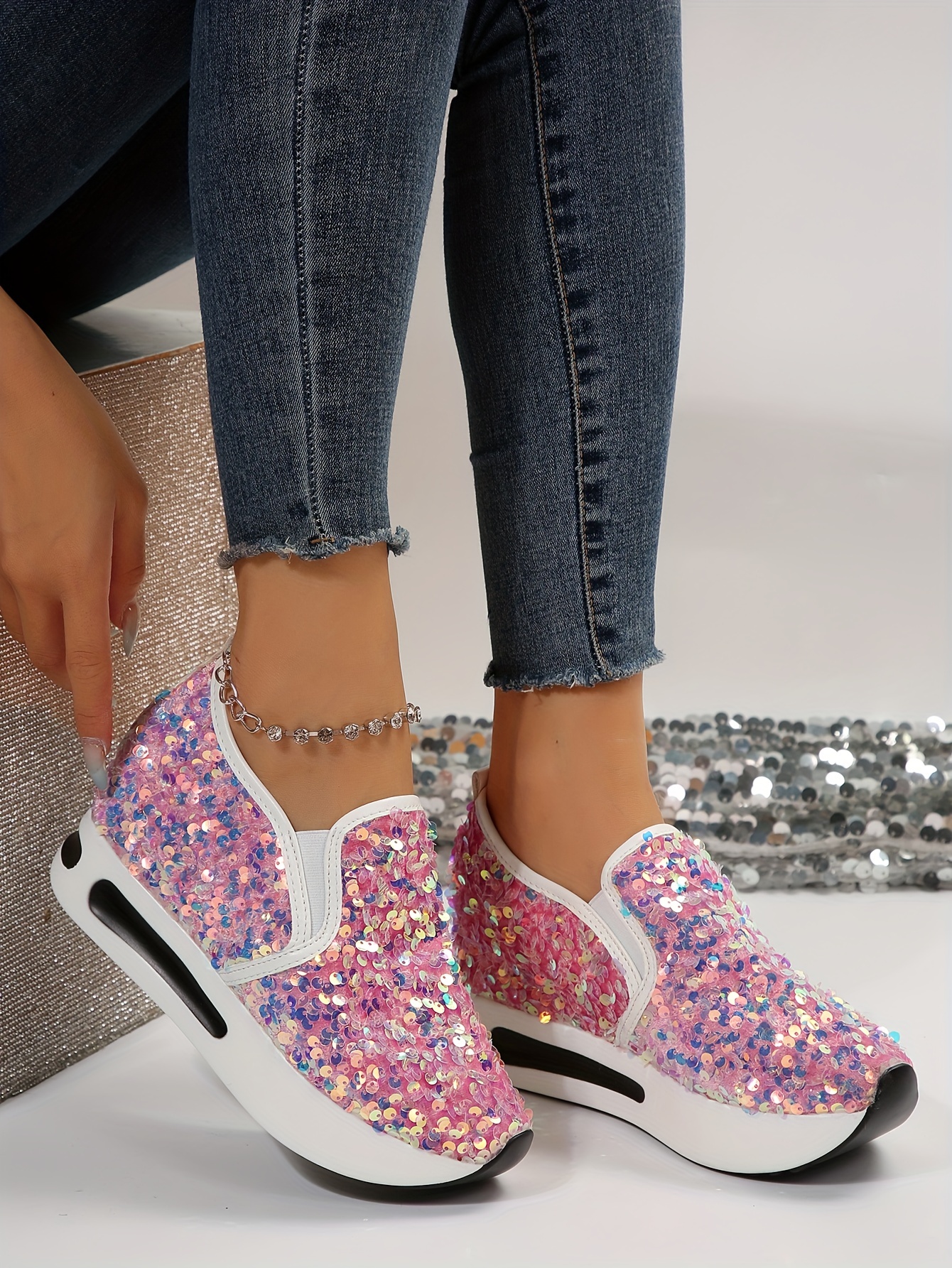 womens sequins platform sneakers casual low top slip on wedge sports shoes fashion walking trainers details 6