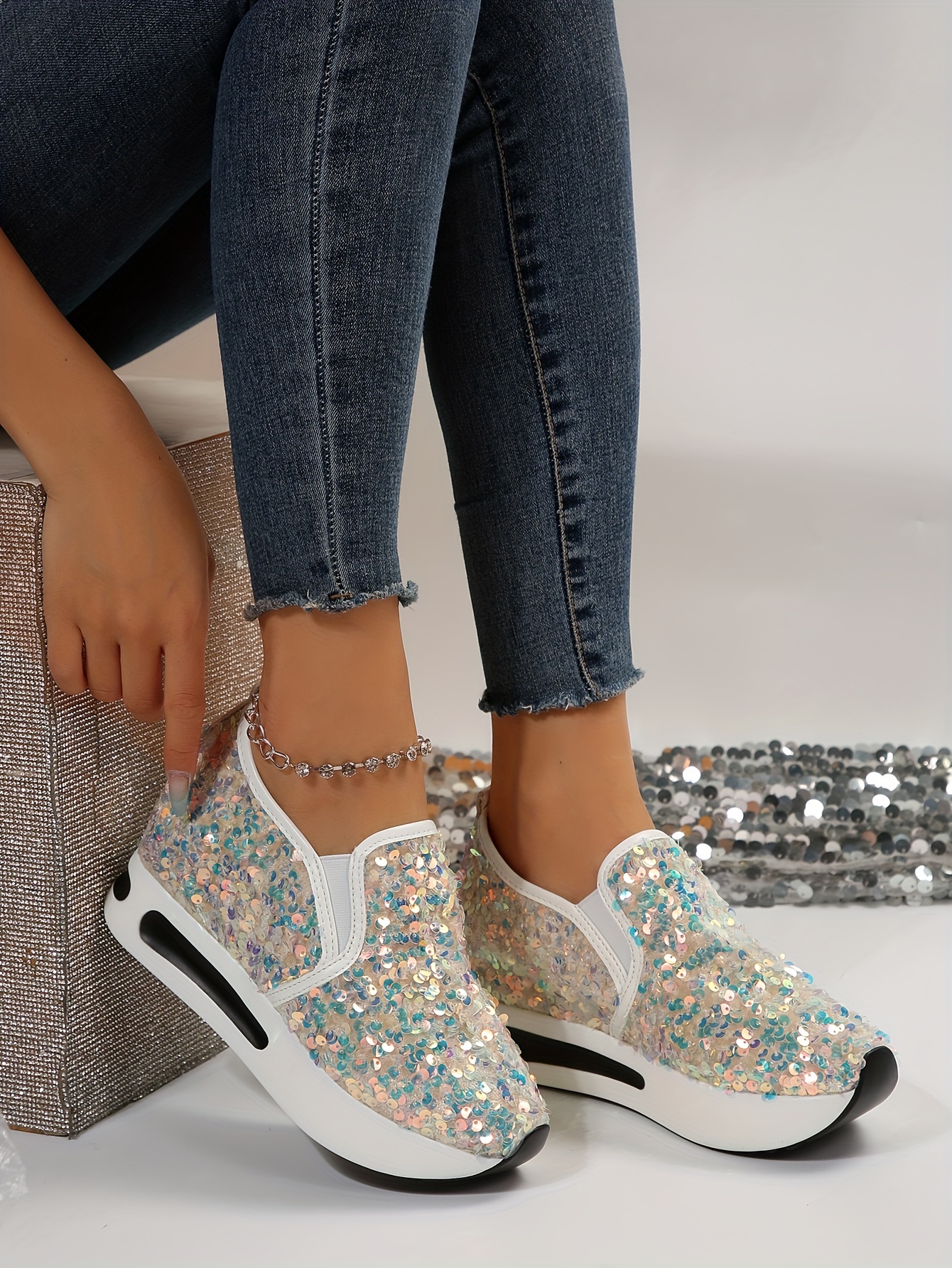 womens sequins platform sneakers casual low top slip on wedge sports shoes fashion walking trainers details 9