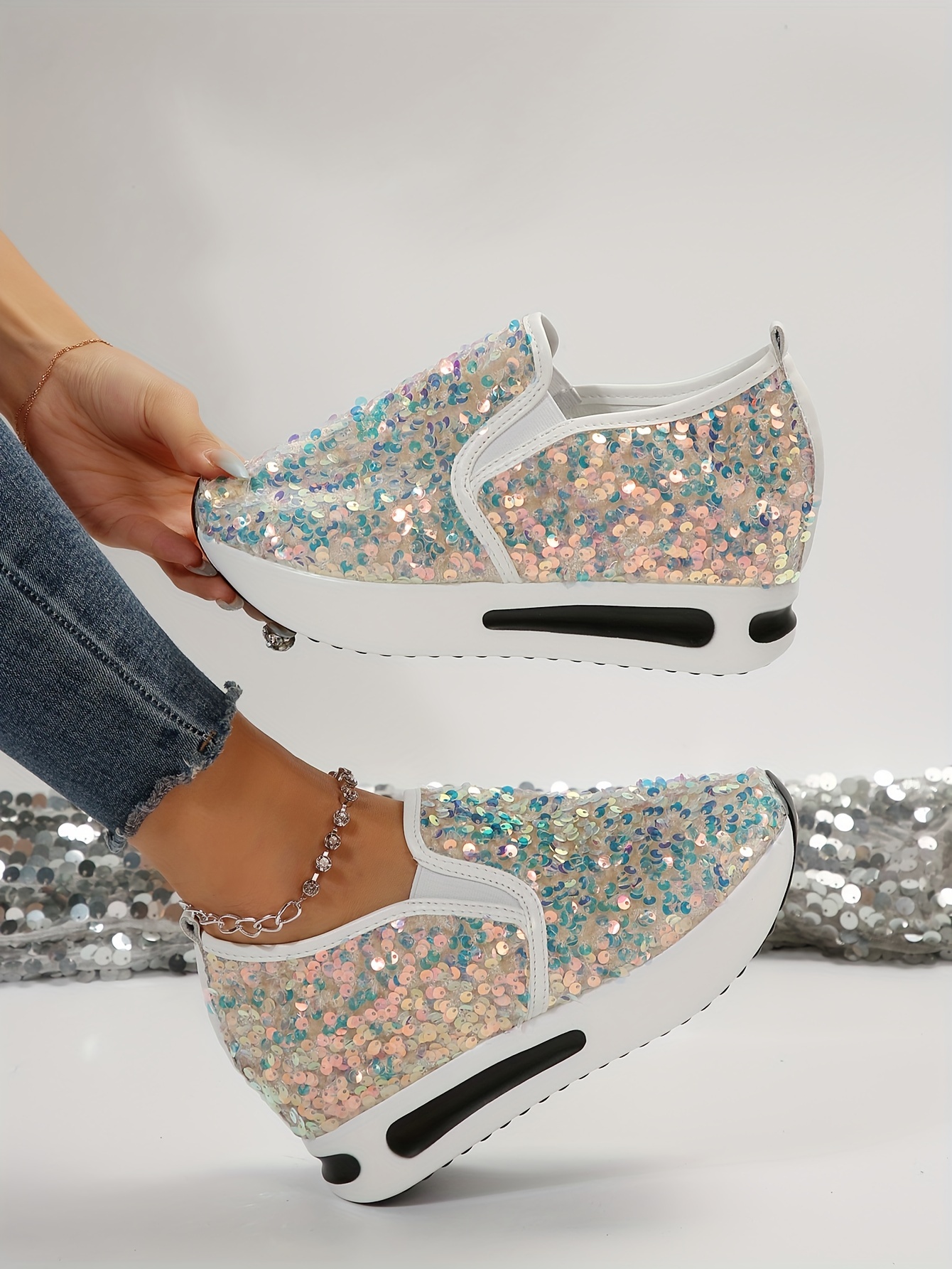 womens sequins platform sneakers casual low top slip on wedge sports shoes fashion walking trainers details 10