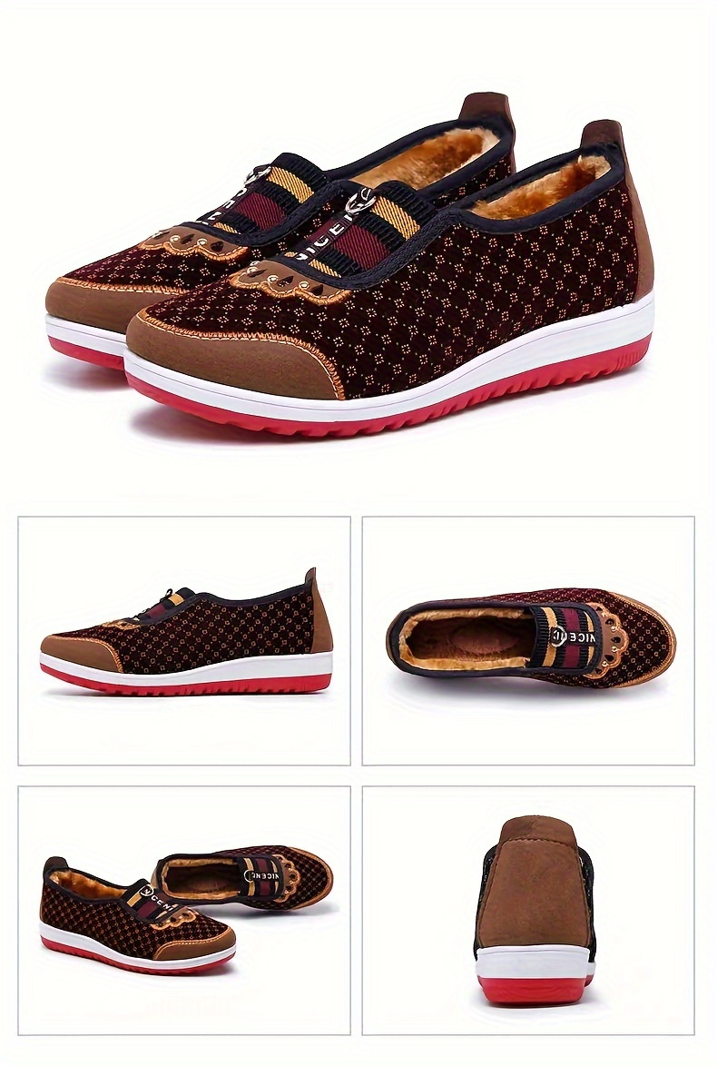 retro print low top flat shoes, womens retro print low top flat shoes breathable wear resistant winter warm walking shoes plush lined thermal flats details 1