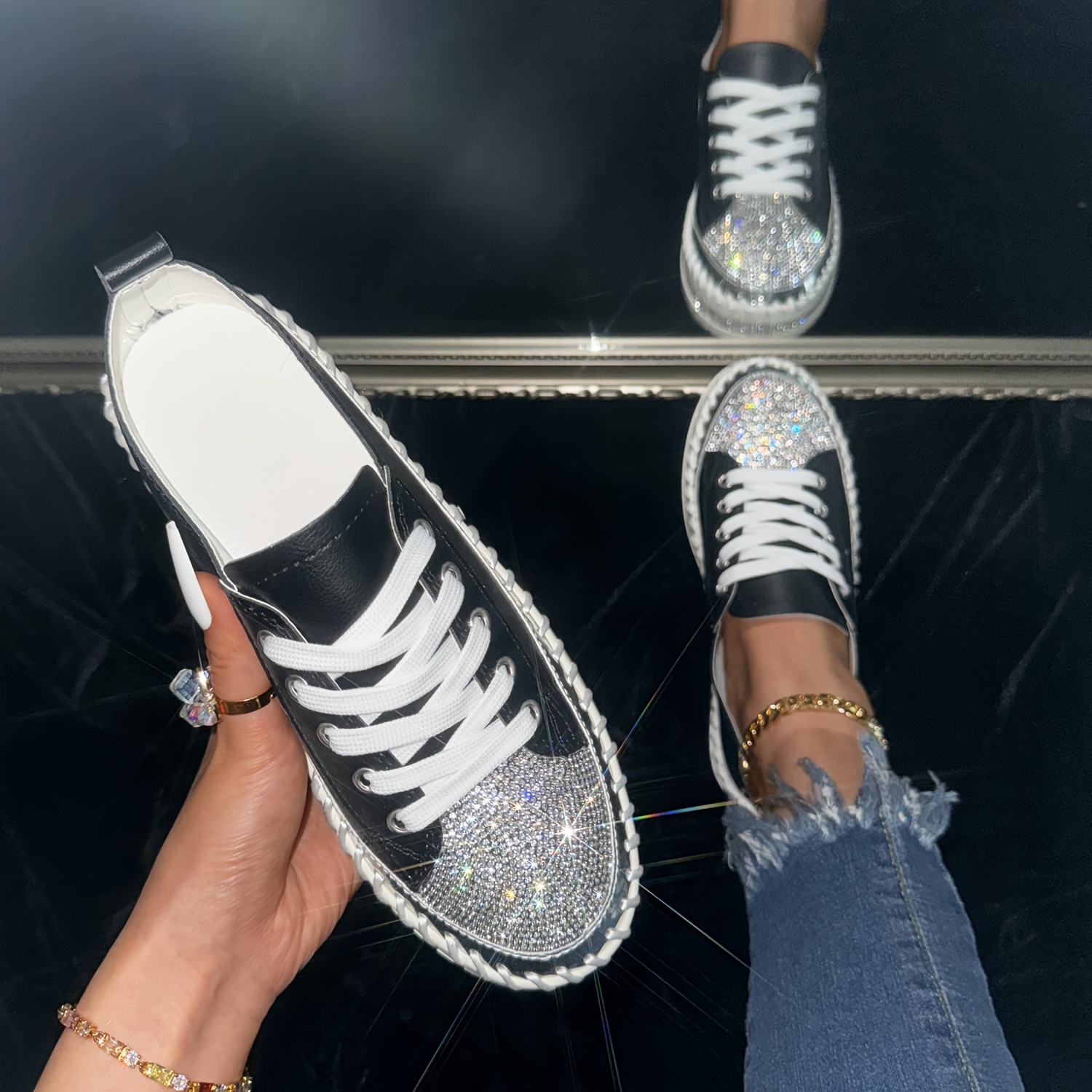 rhinestone flat sneakers, womens rhinestone flat sneakers fashion round toe lace up low top skate shoes all match outdoor trainers details 2