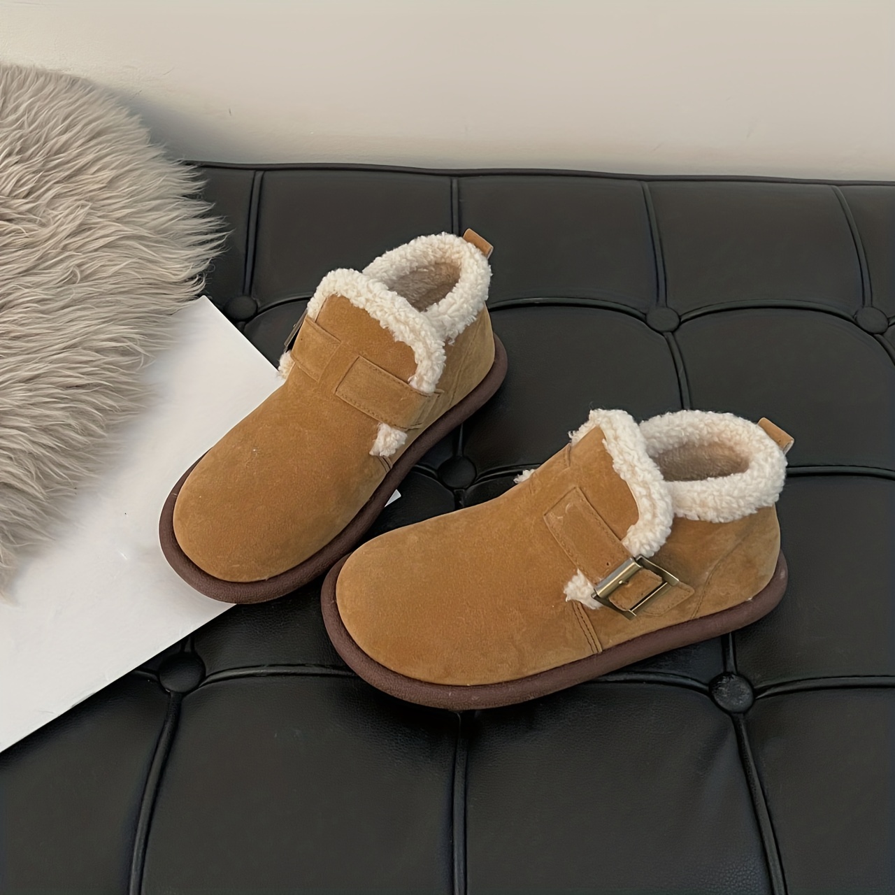 womens thermal lined flat boots buckle decor soft sole winter warm shoes versatile plush non slip shoes details 1