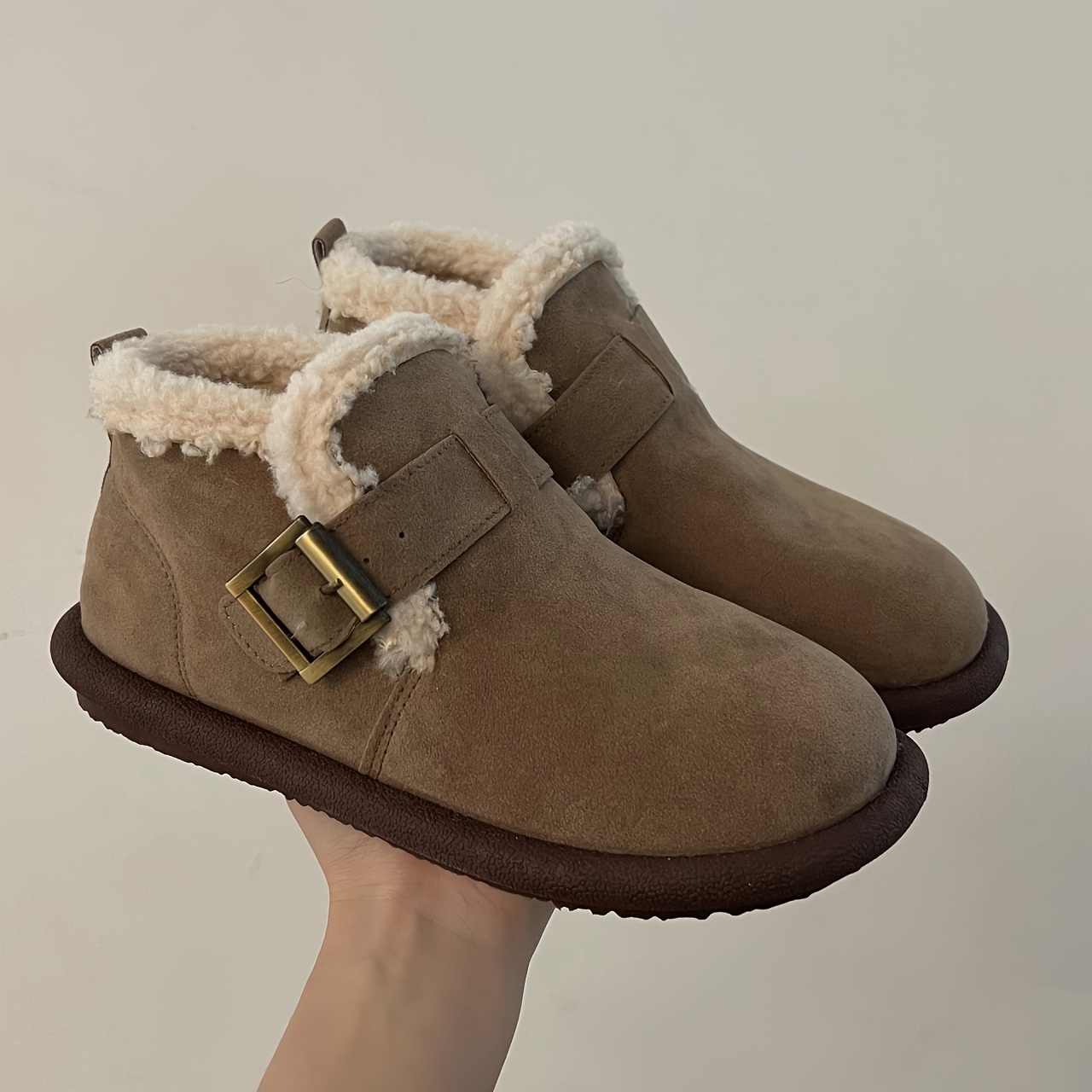 womens thermal lined flat boots buckle decor soft sole winter warm shoes versatile plush non slip shoes details 3