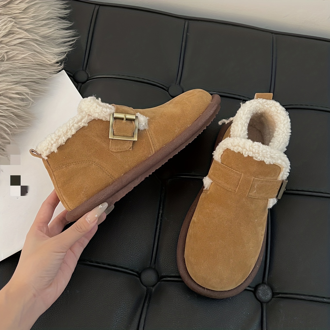 womens thermal lined flat boots buckle decor soft sole winter warm shoes versatile plush non slip shoes details 4