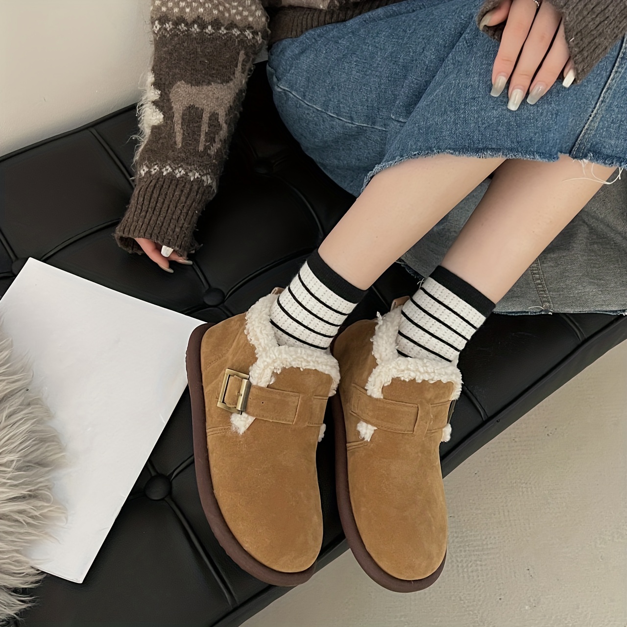 womens thermal lined flat boots buckle decor soft sole winter warm shoes versatile plush non slip shoes details 5