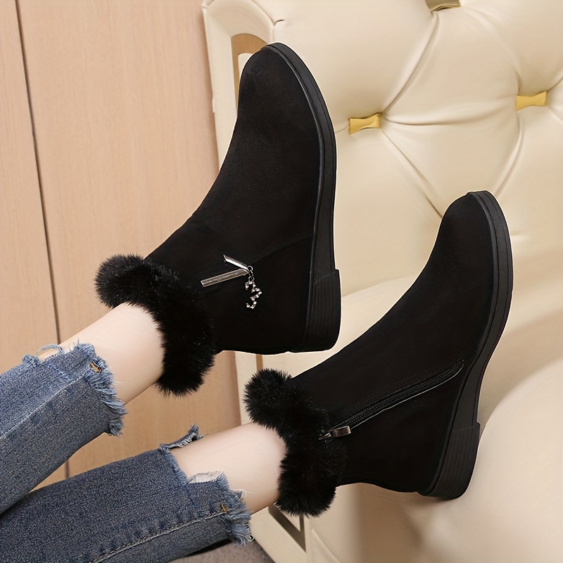 womens solid color fluffy boots side zipper thermal lined platform warm shoes winter plush snow ankle shoes details 4