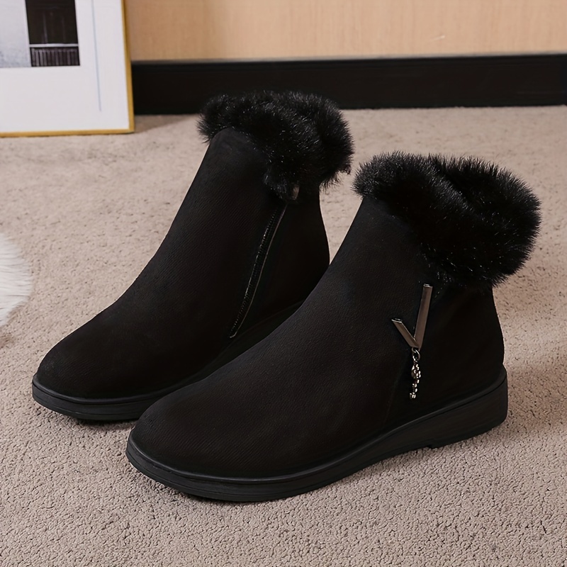 womens solid color fluffy boots side zipper thermal lined platform warm shoes winter plush snow ankle shoes details 9