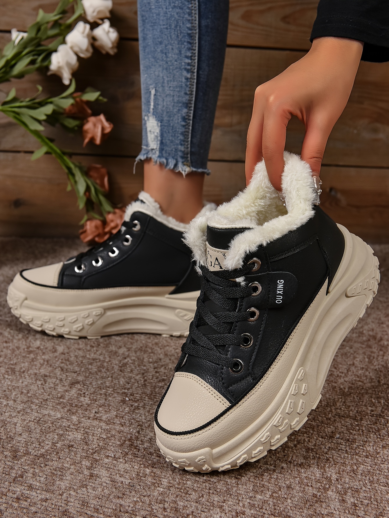 plush lined ankle boots, womens plush lined ankle boots fashion heightening lace up platform boots winter warm outdoor short boots details 1