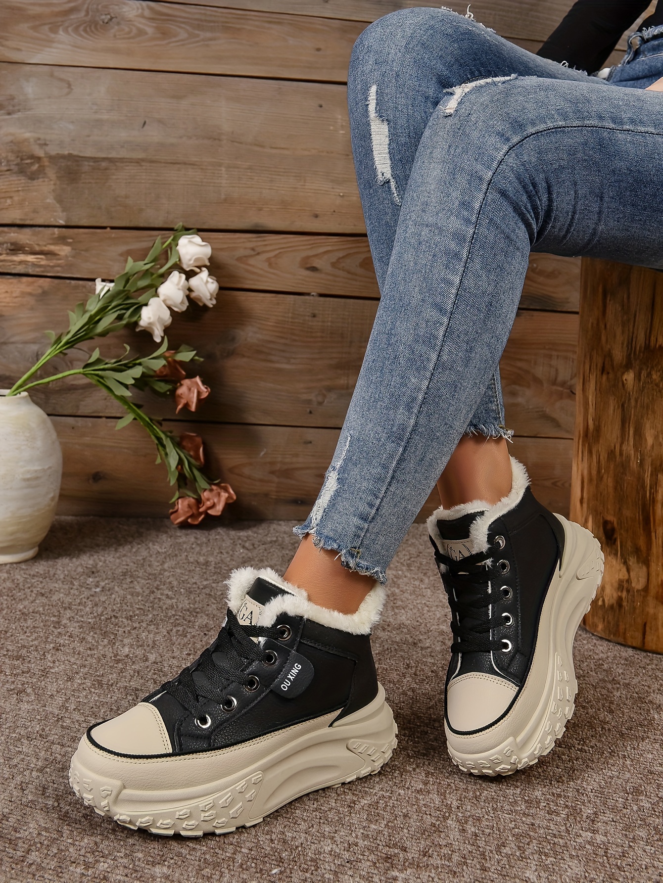 plush lined ankle boots, womens plush lined ankle boots fashion heightening lace up platform boots winter warm outdoor short boots details 2