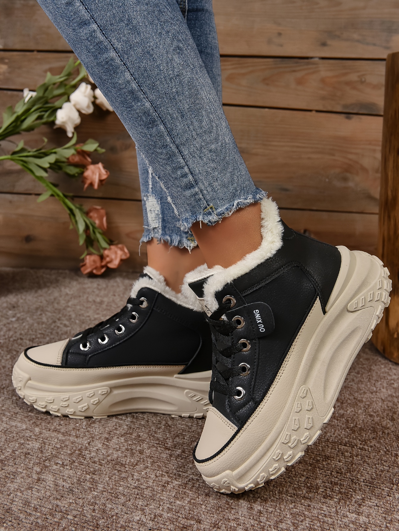 plush lined ankle boots, womens plush lined ankle boots fashion heightening lace up platform boots winter warm outdoor short boots details 3