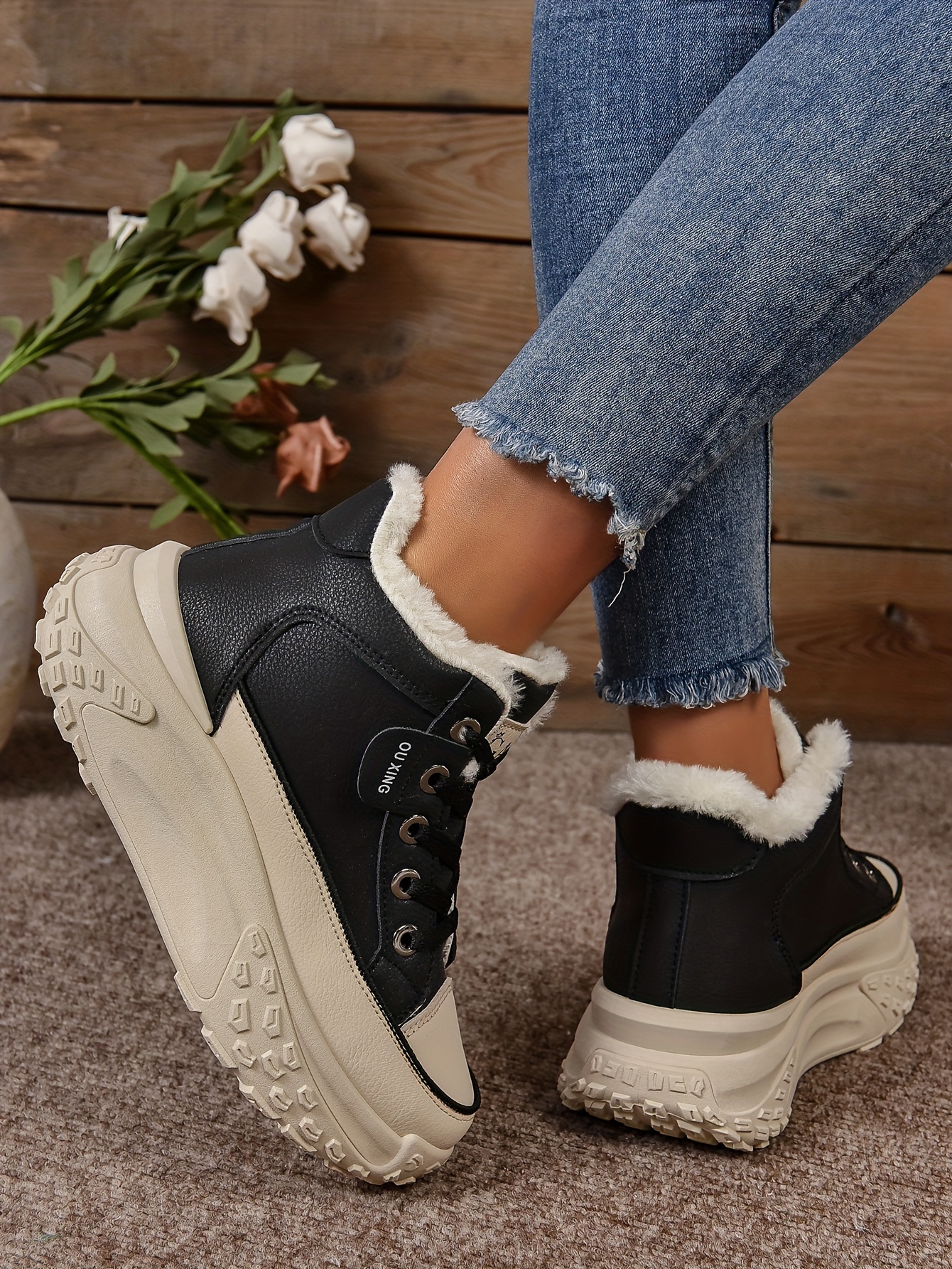 plush lined ankle boots, womens plush lined ankle boots fashion heightening lace up platform boots winter warm outdoor short boots details 5