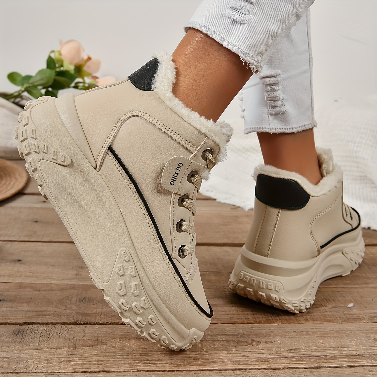 plush lined ankle boots, womens plush lined ankle boots fashion heightening lace up platform boots winter warm outdoor short boots details 19