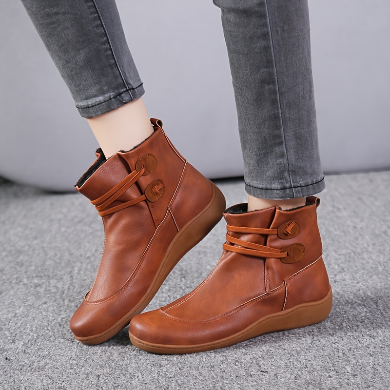 womens retro ankle boots solid color slip on faux leather flat boots womens footwear details 8