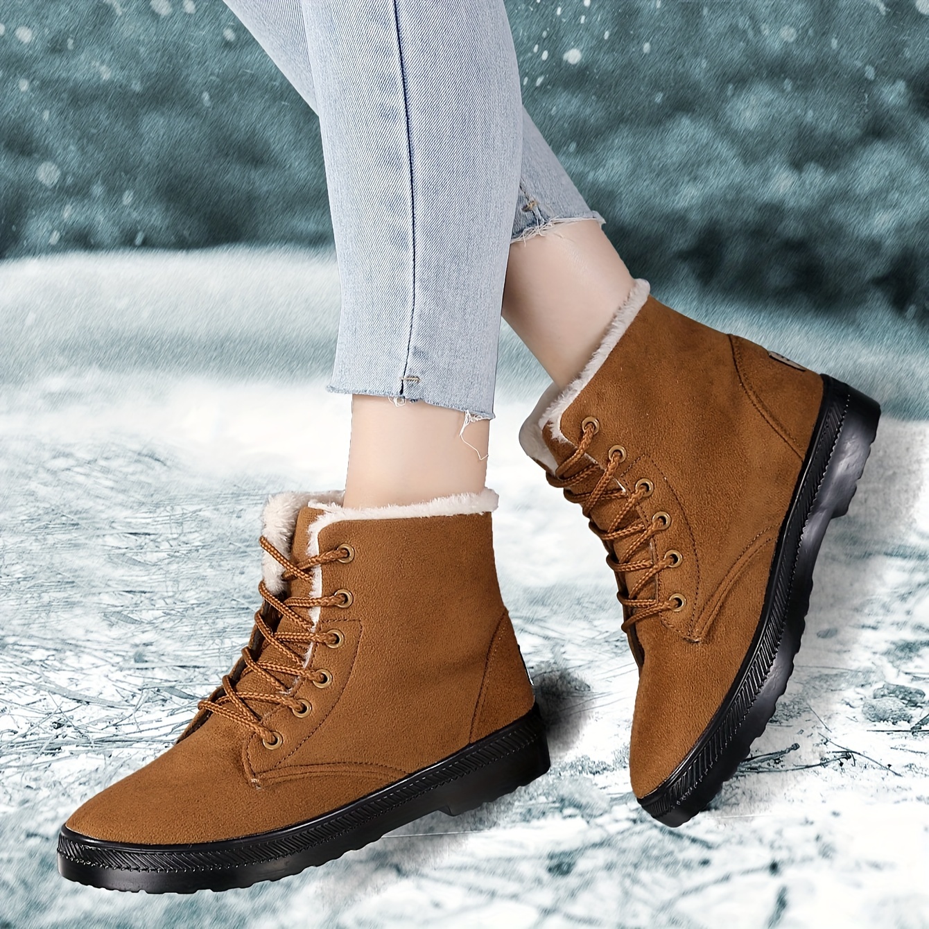 womens suedette pattern flatform boots lace up thick bottom velvet warm non slip snow boots wear resistant comfy shoes details 5