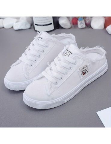 Women's Solid Canvas Slippers, Platform Round Toe All-match Lace Up Breathable Slip On Shoes, Women's Footwear