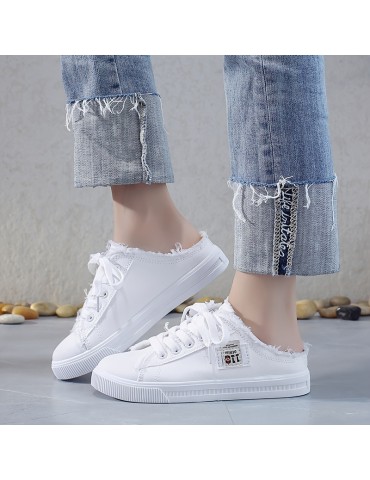 Women's Solid Canvas Slippers, Platform Round Toe All-match Lace Up Breathable Slip On Shoes, Women's Footwear