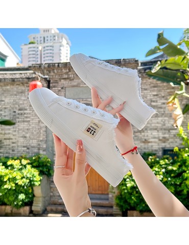 Women's Solid Canvas Slippers, Platform Round Toe All-match Lace Up Breathable Slip On Shoes, Women's Footwear