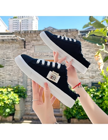 Women's Solid Canvas Slippers, Platform Round Toe All-match Lace Up Breathable Slip On Shoes, Women's Footwear