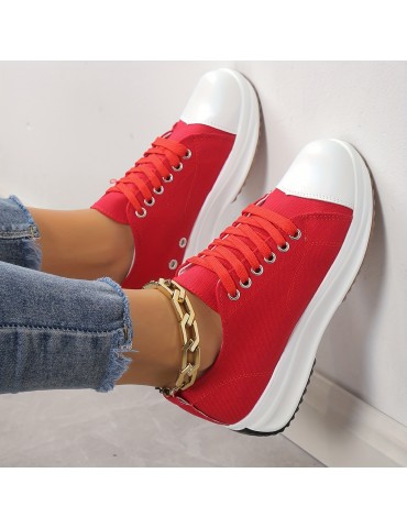 Women's Platform Canvas Sneakers, Solid Color Lace Up Low Top Trainers, Casualall-Match Walking Shoes