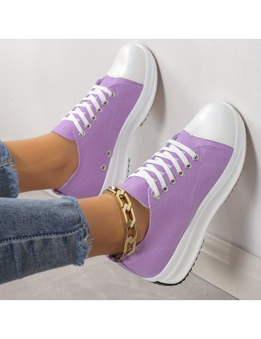 Women's Platform Canvas Sneakers, Solid Color Lace Up Low Top Trainers, Casualall-Match Walking Shoes
