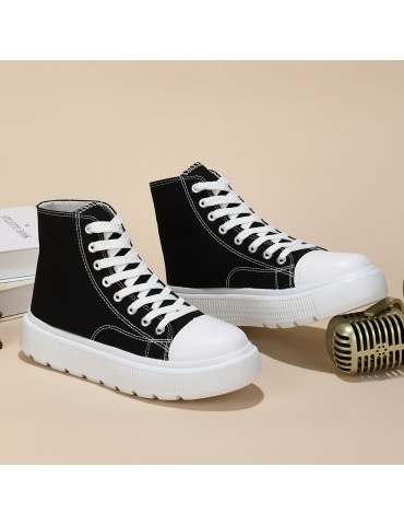 Women's Solid Color Casual Shoes, Lace Up Comfy Platform Soft Sole Shoes, Versatile High-top Canvas Shoes