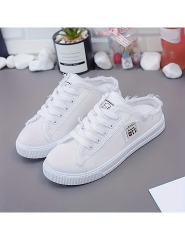 Women's Solid Color Canvas Shoes, Slip On Lace Up Round Toe Non-slip Half Drag Casual Slides Shoes, Comfy Outdoor Shoes