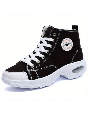 Women's Leisure Air Cushion Sneakers, Thick Bottom Mid Top Breathable Canvas Shoes, Women's Casual Shoes