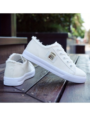 Women's Classic Canvas Flat Shoes, Solid Color Lace Up Low-top Casual Shoes, Women's Comfy Footwear