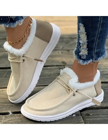 Women's Solid Color Lined Shoes, Slip On Fluffy Warm Flat Non-slip Canvas Shoes, Plush Winter Comfy Shoes