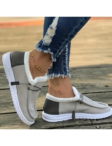 Women's Solid Color Lined Shoes, Slip On Fluffy Warm Flat Non-slip Canvas Shoes, Plush Winter Comfy Shoes